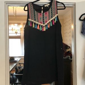 Embroidered shift dress with multicolored tassels